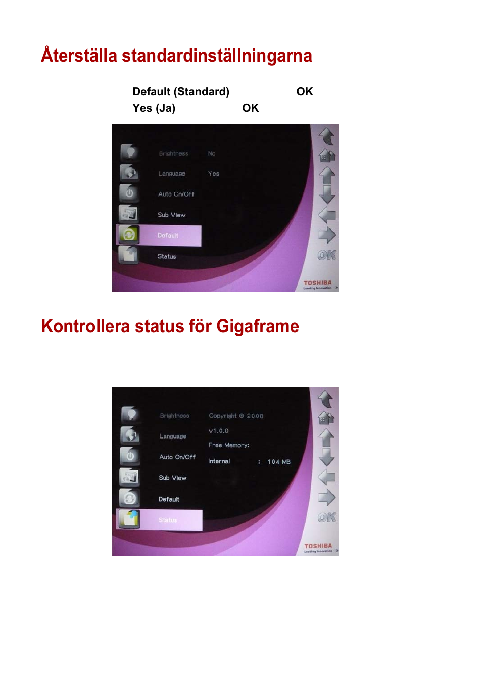 Återställa standardinställningarna, Kontrollera status för gigaframe | Toshiba Gigaframe L80-81 User Manual | Page 521 / 870