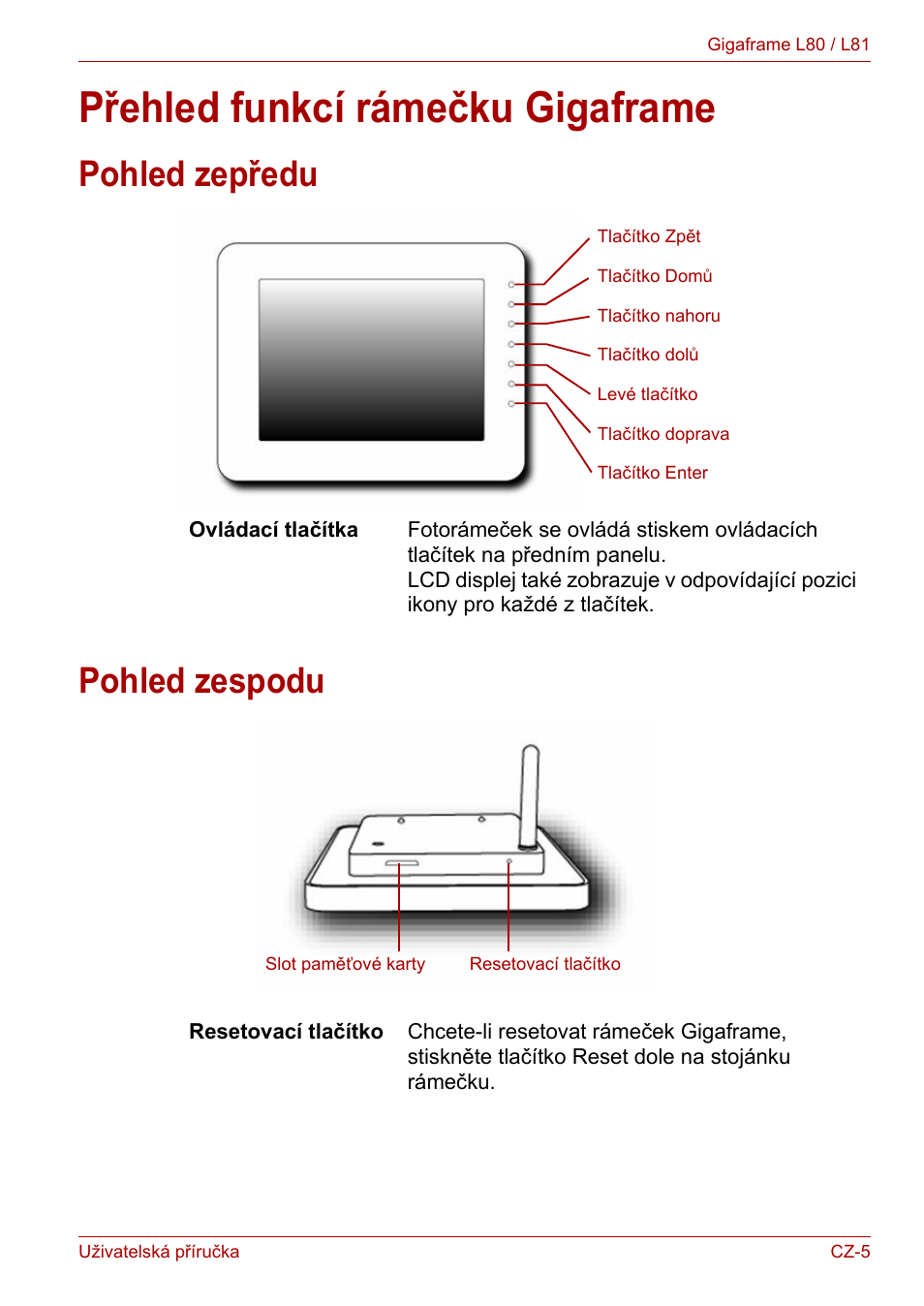 Přehled funkcí rámečku gigaframe, Pohled zepředu, Pohled zespodu | Pohled zepředu pohled zespodu | Toshiba Gigaframe L80-81 User Manual | Page 533 / 870