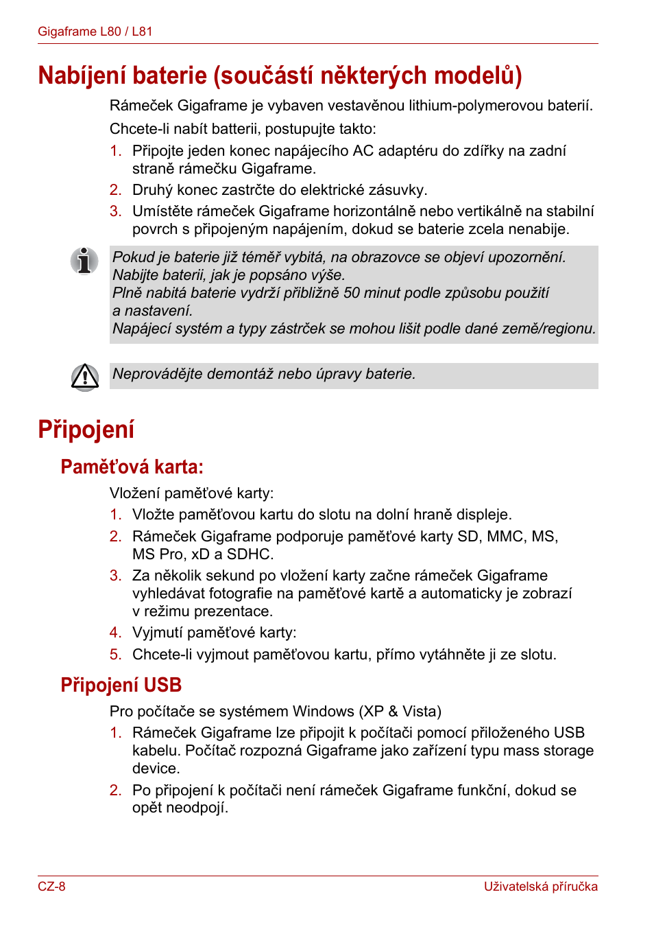 Nabíjení baterie (součástí některých modelů), Připojení, Paměťová karta | Připojení usb, Paměťová karta: připojení usb | Toshiba Gigaframe L80-81 User Manual | Page 536 / 870