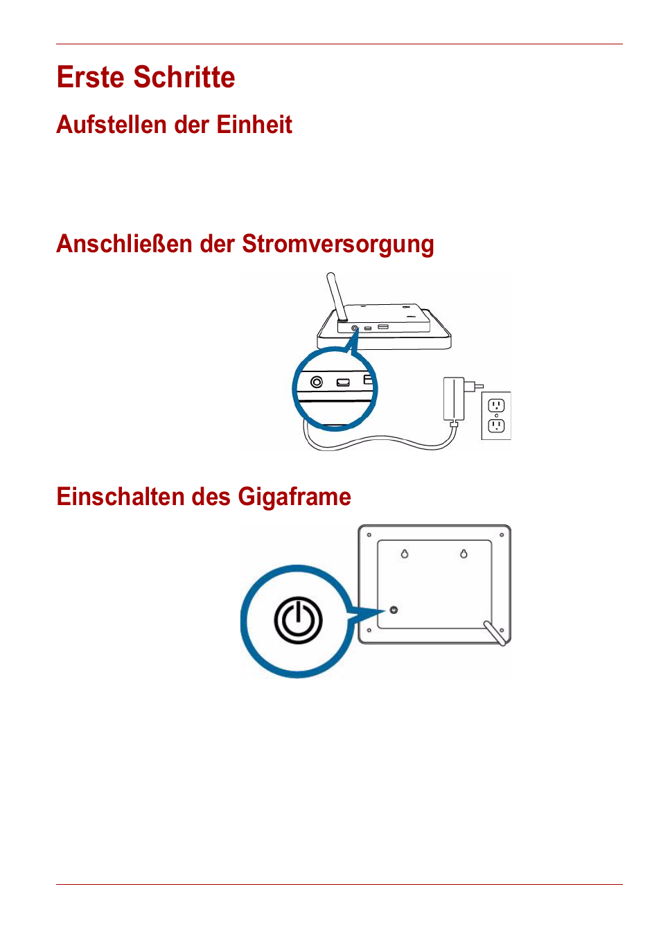 Erste schritte, Aufstellen der einheit, Anschließen der stromversorgung | Einschalten des gigaframe | Toshiba Gigaframe L80-81 User Manual | Page 55 / 870