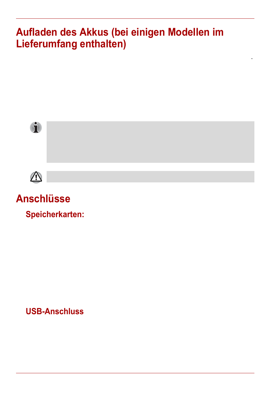 Anschlüsse, Speicherkarten, Usb-anschluss | Aufladen des akkus (bei einigen modellen im, Lieferumfang enthalten), Speicherkarten: usb-anschluss | Toshiba Gigaframe L80-81 User Manual | Page 56 / 870