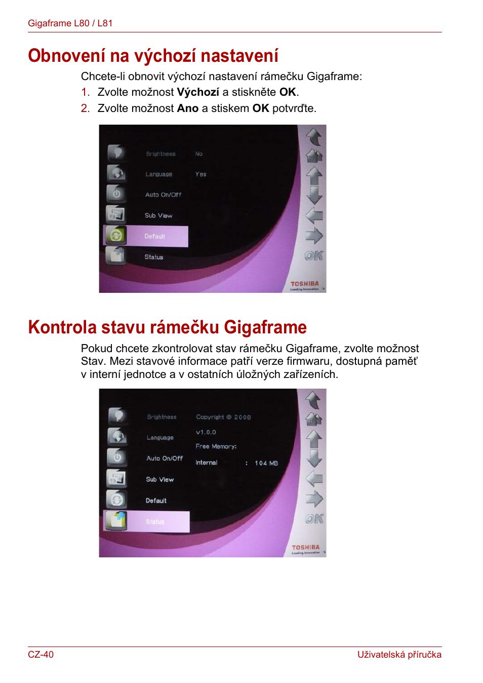 Obnovení na výchozí nastavení, Kontrola stavu rámečku gigaframe | Toshiba Gigaframe L80-81 User Manual | Page 568 / 870