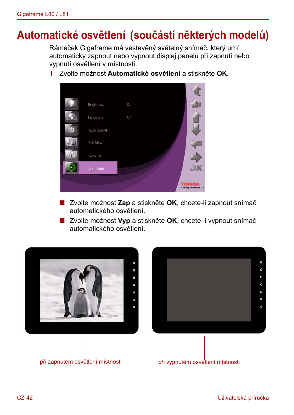 Automatické osvětlení (součástí některých modelů), Automatické osvětlení | Toshiba Gigaframe L80-81 User Manual | Page 570 / 870