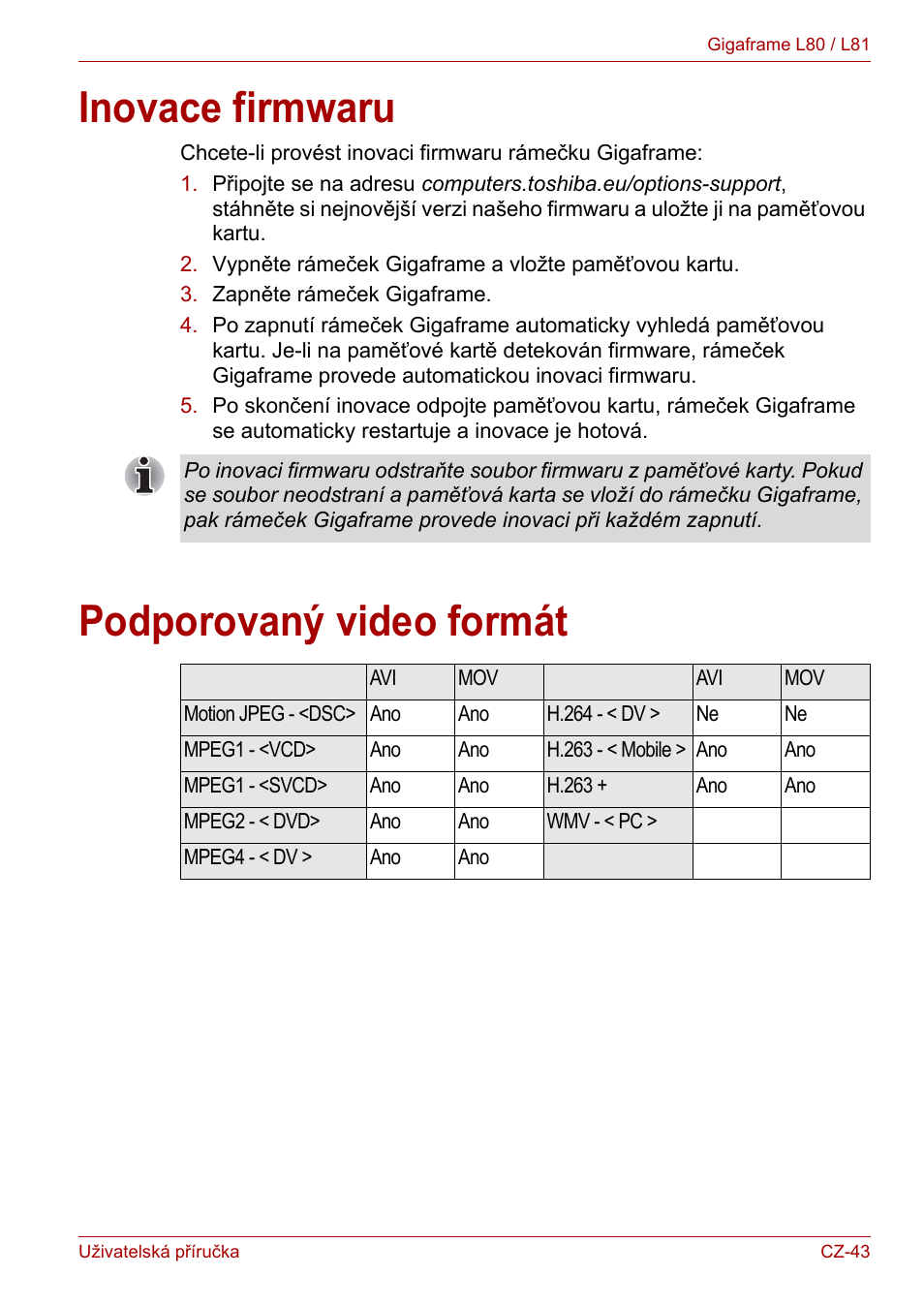 Inovace firmwaru, Podporovaný video formát, Inovace firmwaru podporovaný video formát | Toshiba Gigaframe L80-81 User Manual | Page 571 / 870