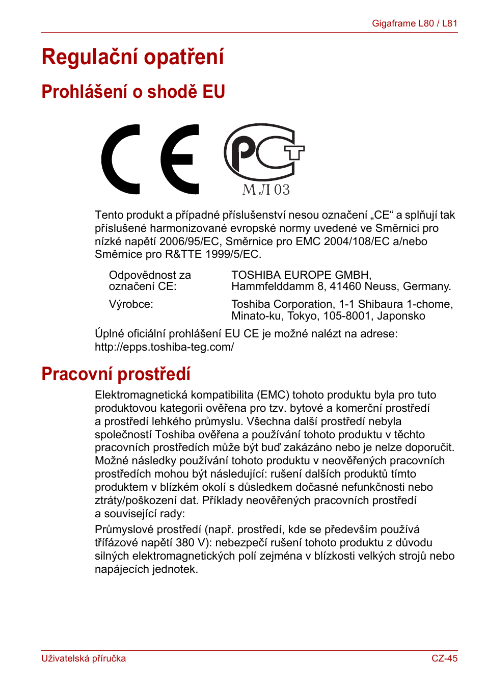 Regulační opatření, Prohlášení o shodě eu, Pracovní prostředí | Prohlášení o shodě eu pracovní prostředí | Toshiba Gigaframe L80-81 User Manual | Page 573 / 870