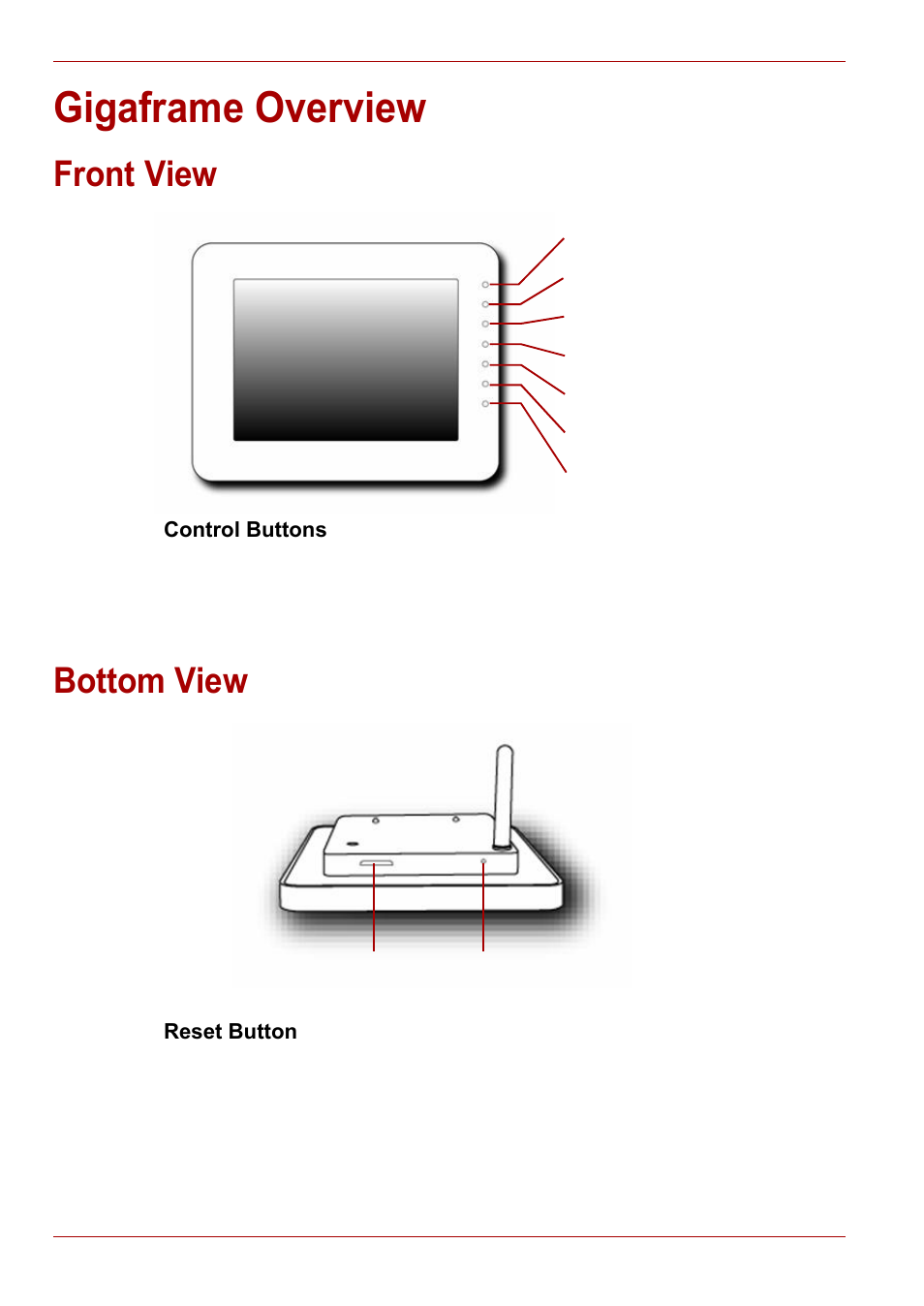 Gigaframe overview, Front view, Bottom view | Front view bottom view | Toshiba Gigaframe L80-81 User Manual | Page 6 / 870