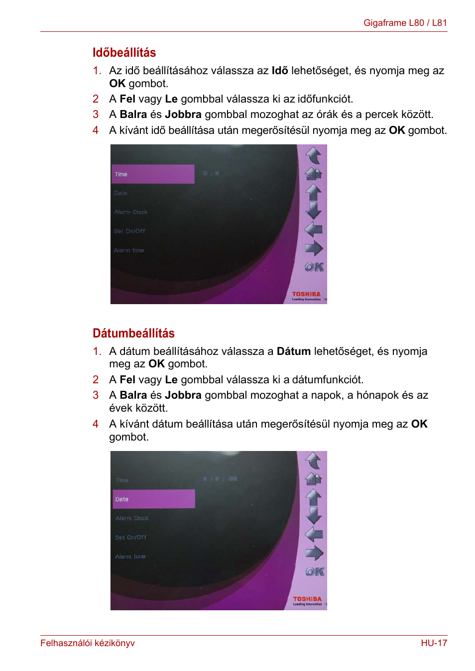 Időbeállítás, Dátumbeállítás | Toshiba Gigaframe L80-81 User Manual | Page 643 / 870