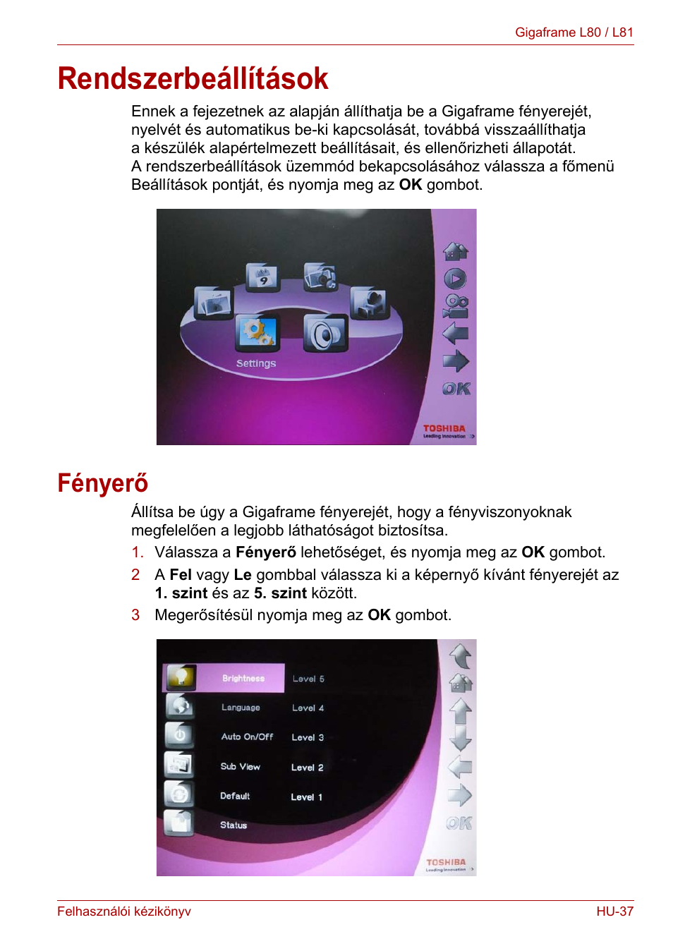 Rendszerbeállítások, Fényerő | Toshiba Gigaframe L80-81 User Manual | Page 663 / 870