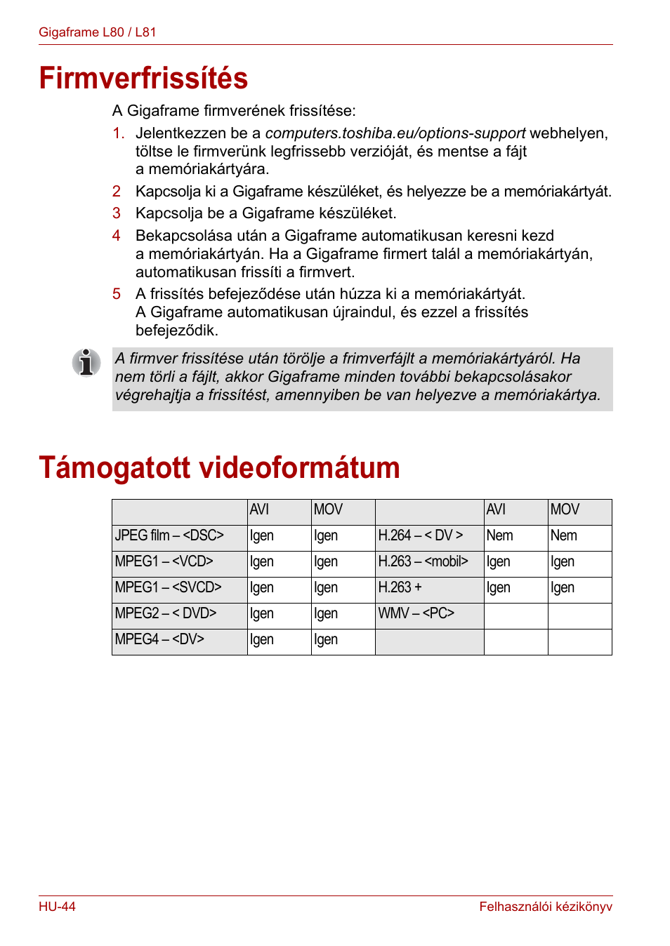 Firmverfrissítés, Támogatott videoformátum, Firmverfrissítés támogatott videoformátum | Toshiba Gigaframe L80-81 User Manual | Page 670 / 870