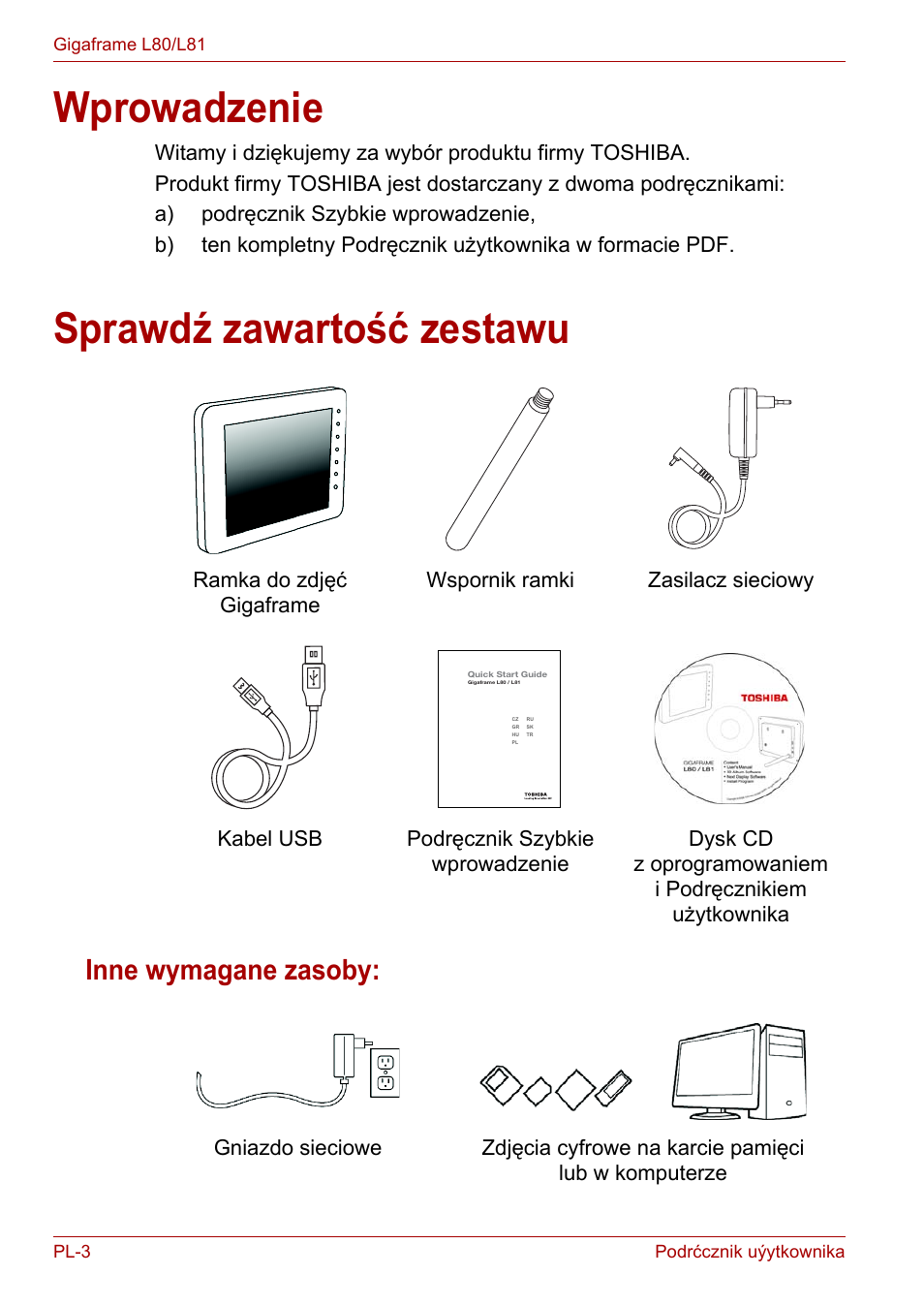 Wprowadzenie, Sprawdź zawartość zestawu, Inne wymagane zasoby | Wprowadzenie sprawdź zawartość zestawu | Toshiba Gigaframe L80-81 User Manual | Page 678 / 870