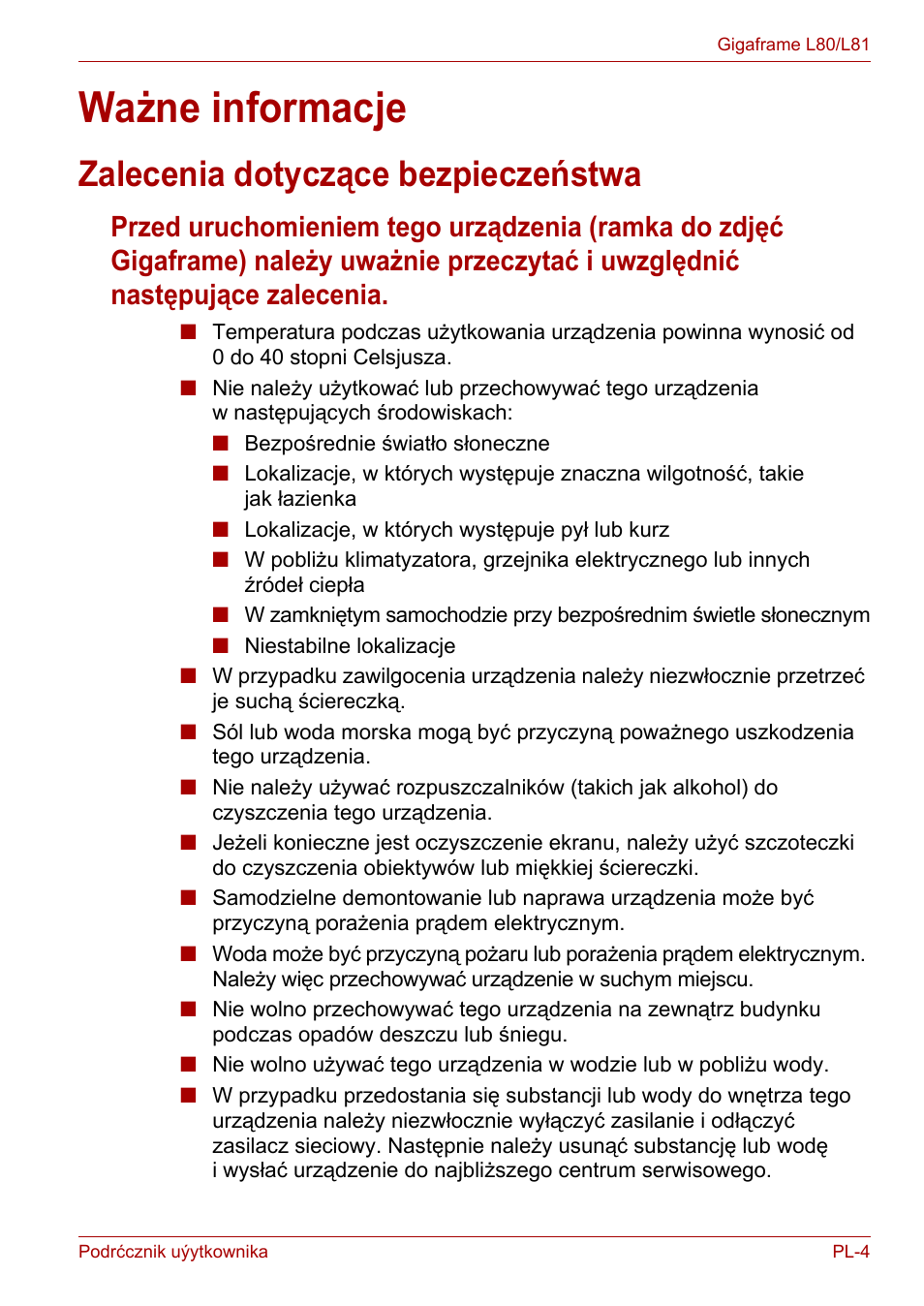 Ważne informacje, Zalecenia dotyczące bezpieczeństwa | Toshiba Gigaframe L80-81 User Manual | Page 679 / 870