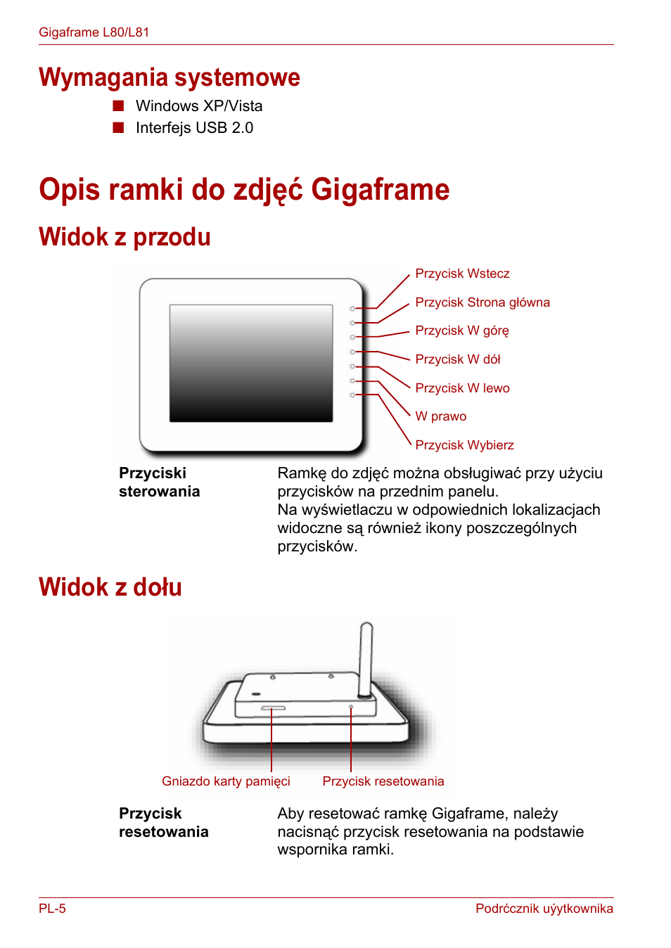 Wymagania systemowe, Opis ramki do zdjęć gigaframe, Widok z przodu | Widok z dołu, Widok z przodu widok z dołu | Toshiba Gigaframe L80-81 User Manual | Page 680 / 870