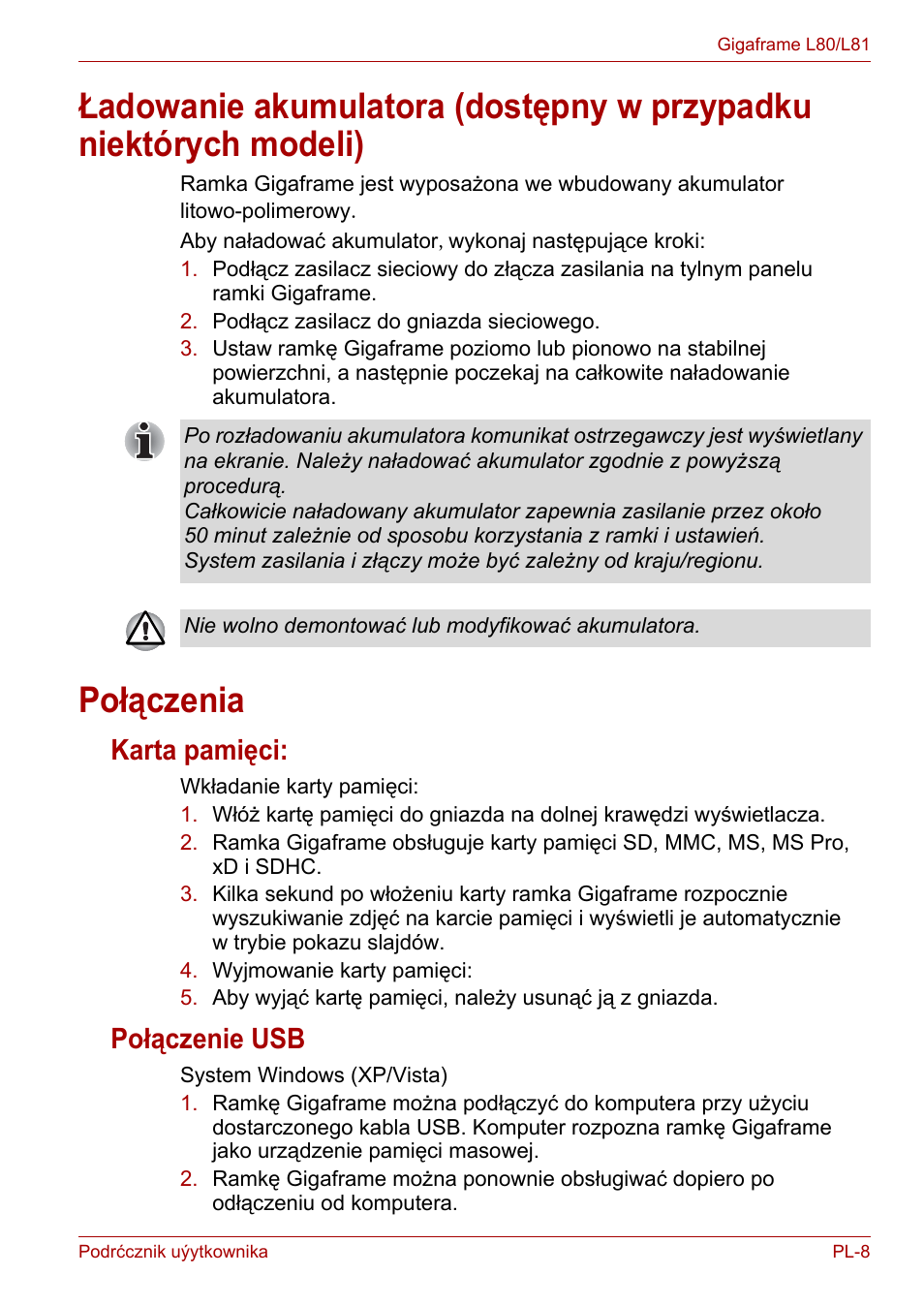 Połączenia, Karta pamięci, Połączenie usb | Karta pamięci: połączenie usb | Toshiba Gigaframe L80-81 User Manual | Page 683 / 870