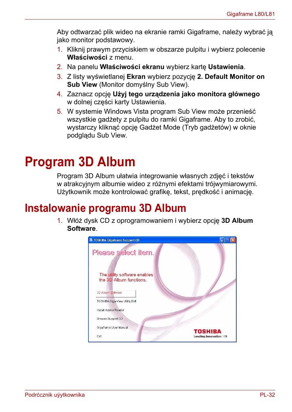 Program 3d album, Instalowanie programu 3d album | Toshiba Gigaframe L80-81 User Manual | Page 707 / 870