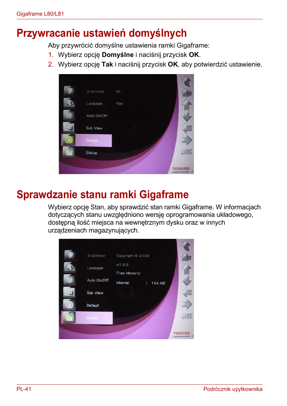 Przywracanie ustawień domyślnych, Sprawdzanie stanu ramki gigaframe | Toshiba Gigaframe L80-81 User Manual | Page 716 / 870