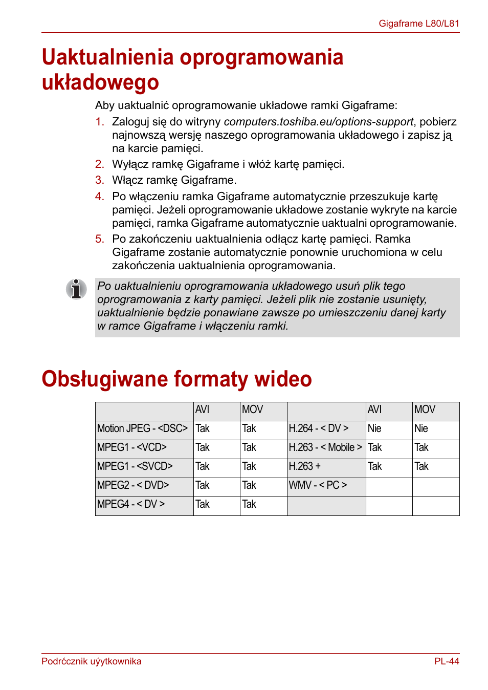 Uaktualnienia oprogramowania układowego, Obsługiwane formaty wideo | Toshiba Gigaframe L80-81 User Manual | Page 719 / 870