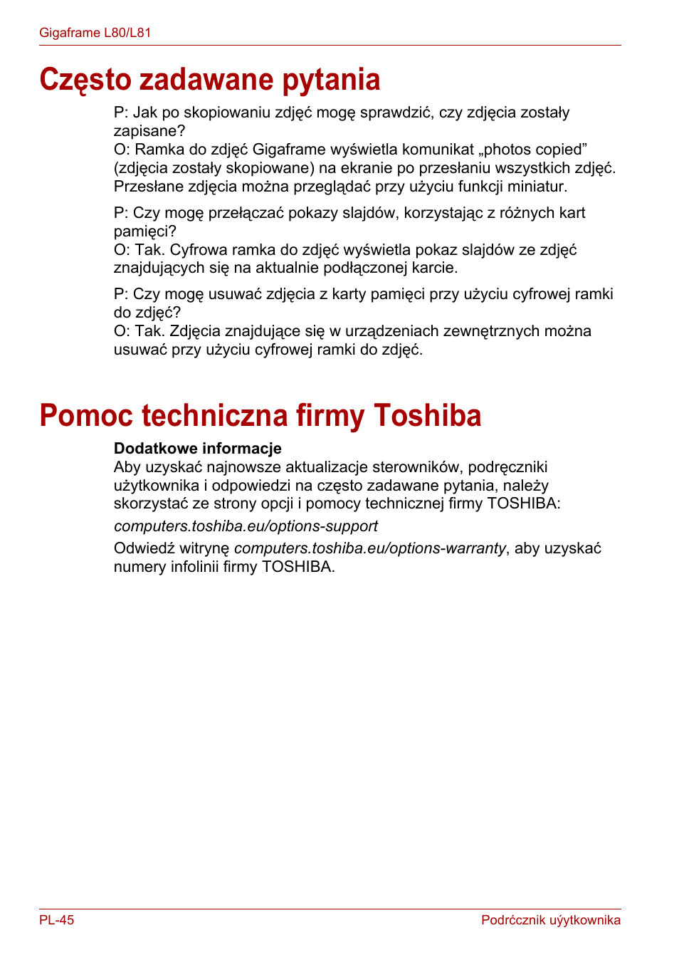 Często zadawane pytania, Pomoc techniczna firmy toshiba | Toshiba Gigaframe L80-81 User Manual | Page 720 / 870