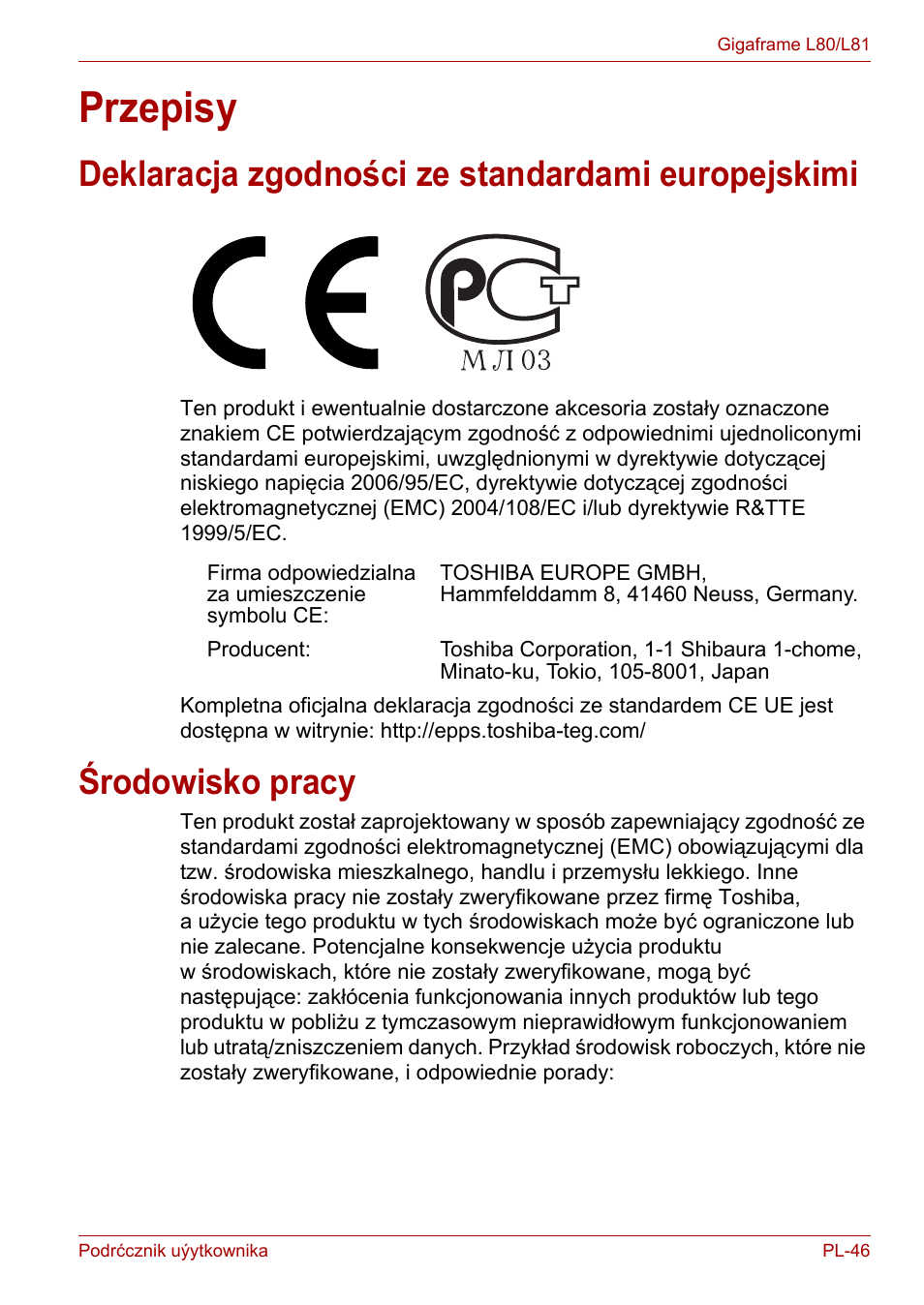 Przepisy, Deklaracja zgodności ze standardami europejskimi, Środowisko pracy | Toshiba Gigaframe L80-81 User Manual | Page 721 / 870