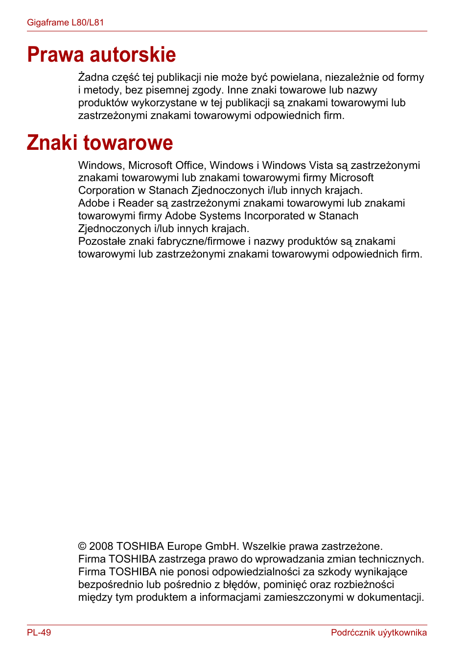 Prawa autorskie, Znaki towarowe, Prawa autorskie znaki towarowe | Toshiba Gigaframe L80-81 User Manual | Page 724 / 870