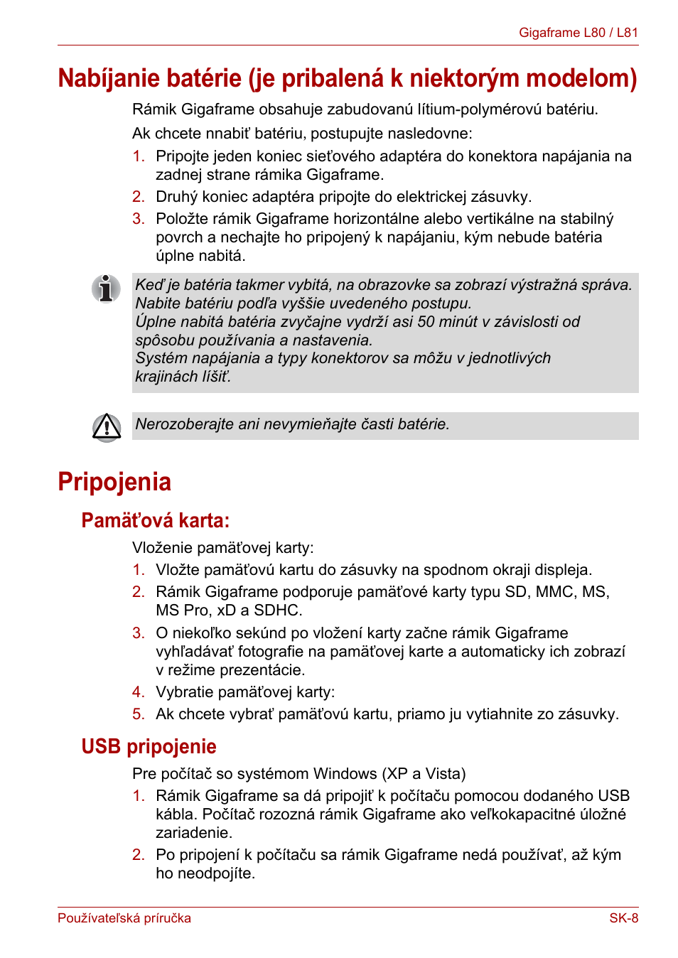 Pripojenia, Pamäťová karta, Usb pripojenie | Pamäťová karta: usb pripojenie | Toshiba Gigaframe L80-81 User Manual | Page 781 / 870