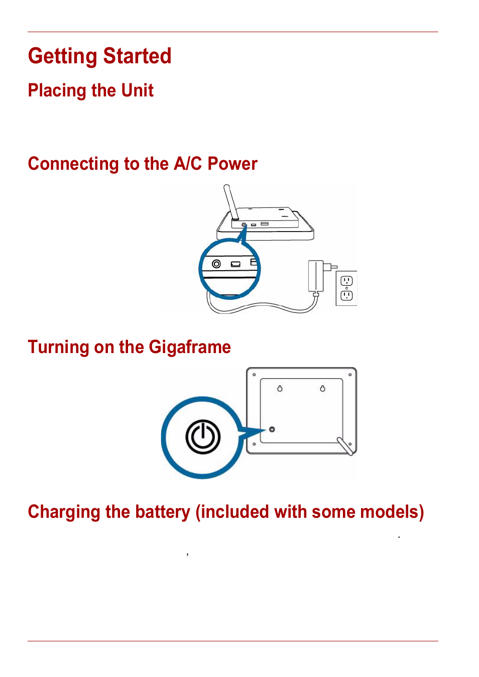 Getting started, Placing the unit, Connecting to the a/c power | Turning on the gigaframe, Charging the battery (included with some models) | Toshiba Gigaframe L80-81 User Manual | Page 8 / 870