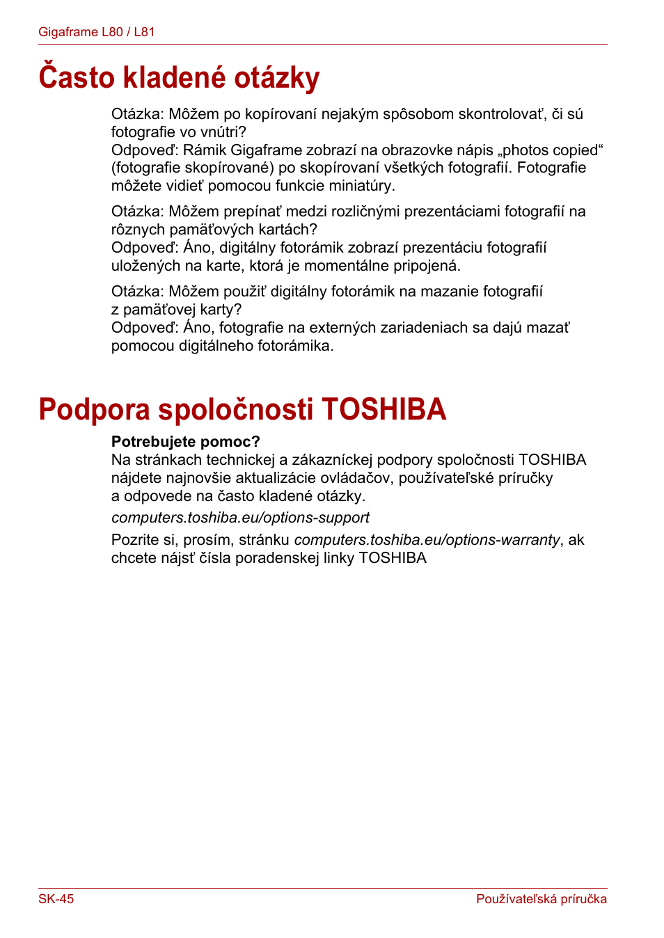 Často kladené otázky, Podpora spoločnosti toshiba, Často kladené otázky podpora spoločnosti toshiba | Toshiba Gigaframe L80-81 User Manual | Page 818 / 870