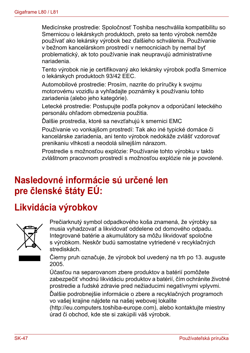 Likvidácia výrobkov | Toshiba Gigaframe L80-81 User Manual | Page 820 / 870