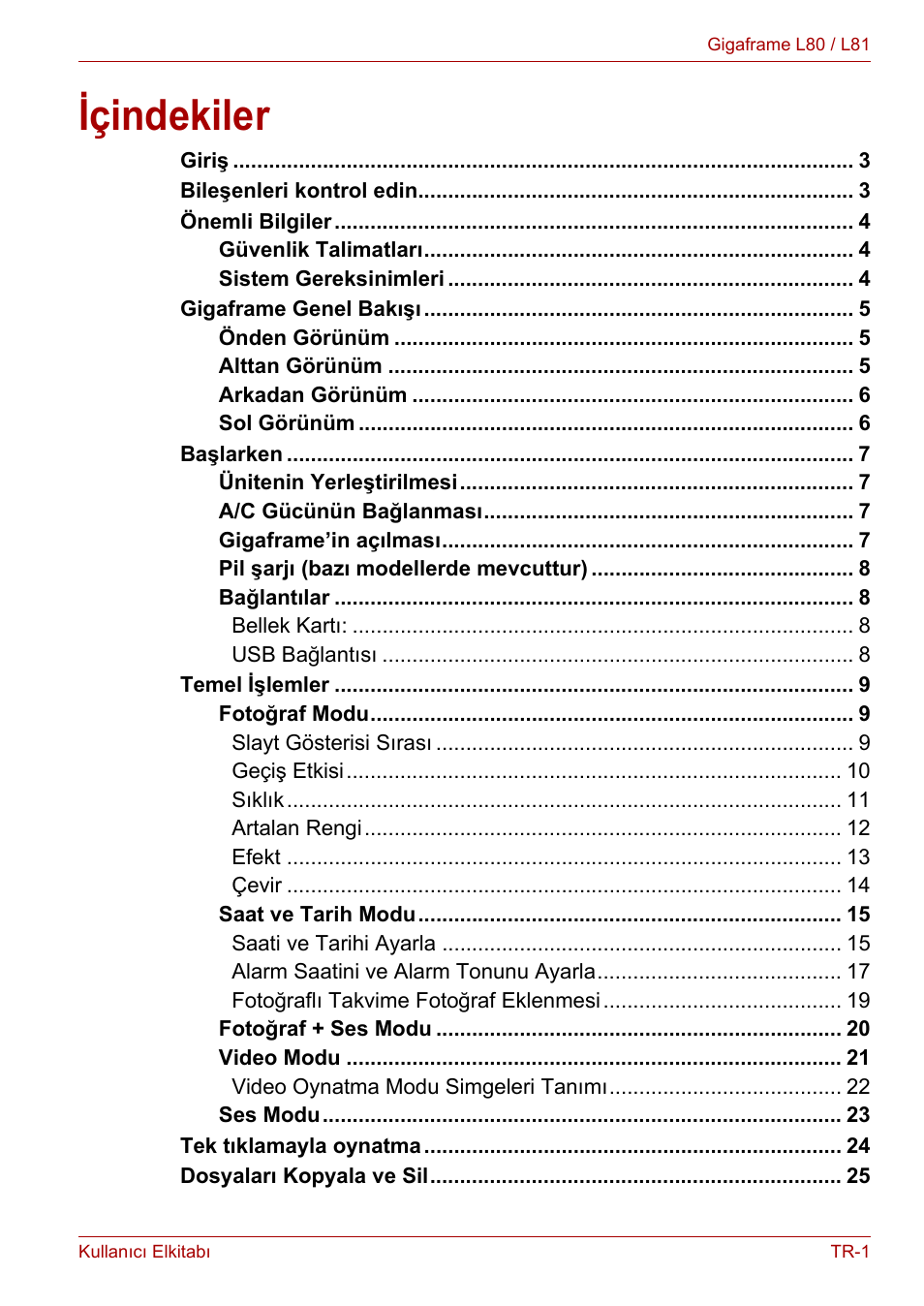 Kullanıcı elkitabı, Içindekiler | Toshiba Gigaframe L80-81 User Manual | Page 823 / 870