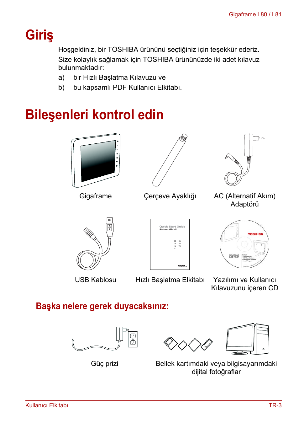 Giriş, Bileşenleri kontrol edin, Başka nelere gerek duyacaksınız | Giriş bileşenleri kontrol edin | Toshiba Gigaframe L80-81 User Manual | Page 825 / 870