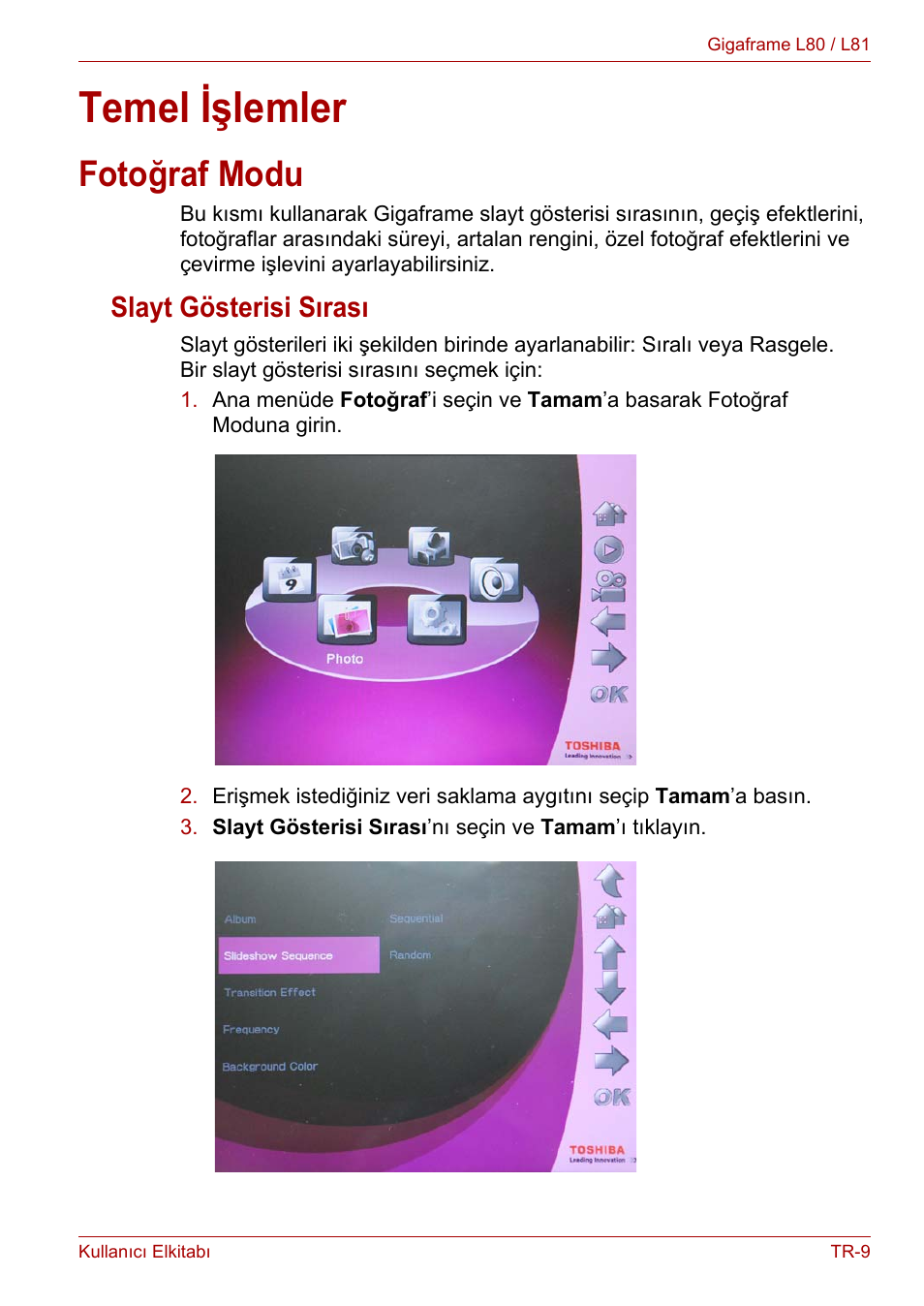 Temel işlemler, Fotoğraf modu, Slayt gösterisi sırası | Toshiba Gigaframe L80-81 User Manual | Page 831 / 870