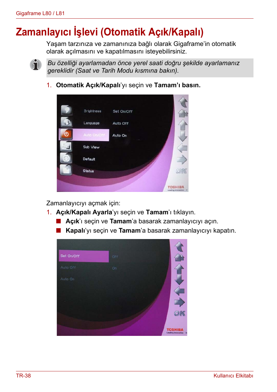 Zamanlayıcı işlevi (otomatik açık/kapalı) | Toshiba Gigaframe L80-81 User Manual | Page 860 / 870