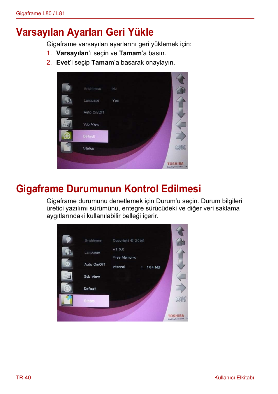 Varsayılan ayarları geri yükle, Gigaframe durumunun kontrol edilmesi | Toshiba Gigaframe L80-81 User Manual | Page 862 / 870