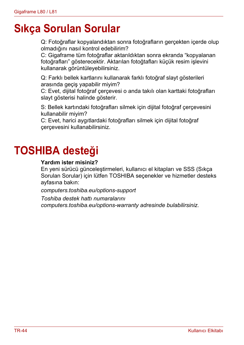 Sıkça sorulan sorular, Toshiba desteği, Sıkça sorulan sorular toshiba desteği | Toshiba Gigaframe L80-81 User Manual | Page 866 / 870