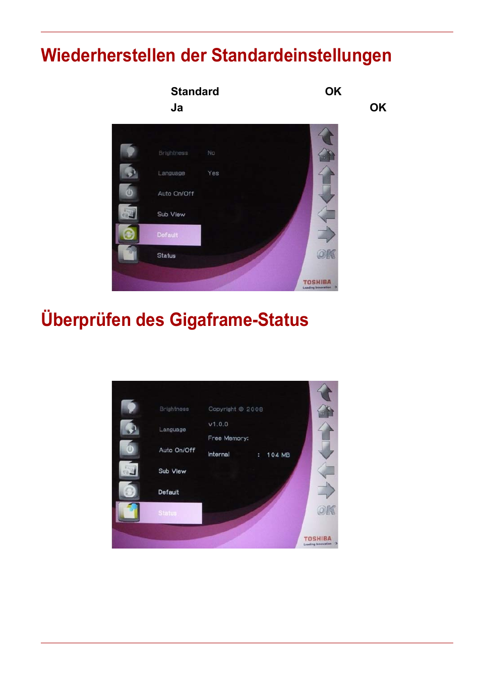 Wiederherstellen der standardeinstellungen, Überprüfen des gigaframe-status | Toshiba Gigaframe L80-81 User Manual | Page 89 / 870