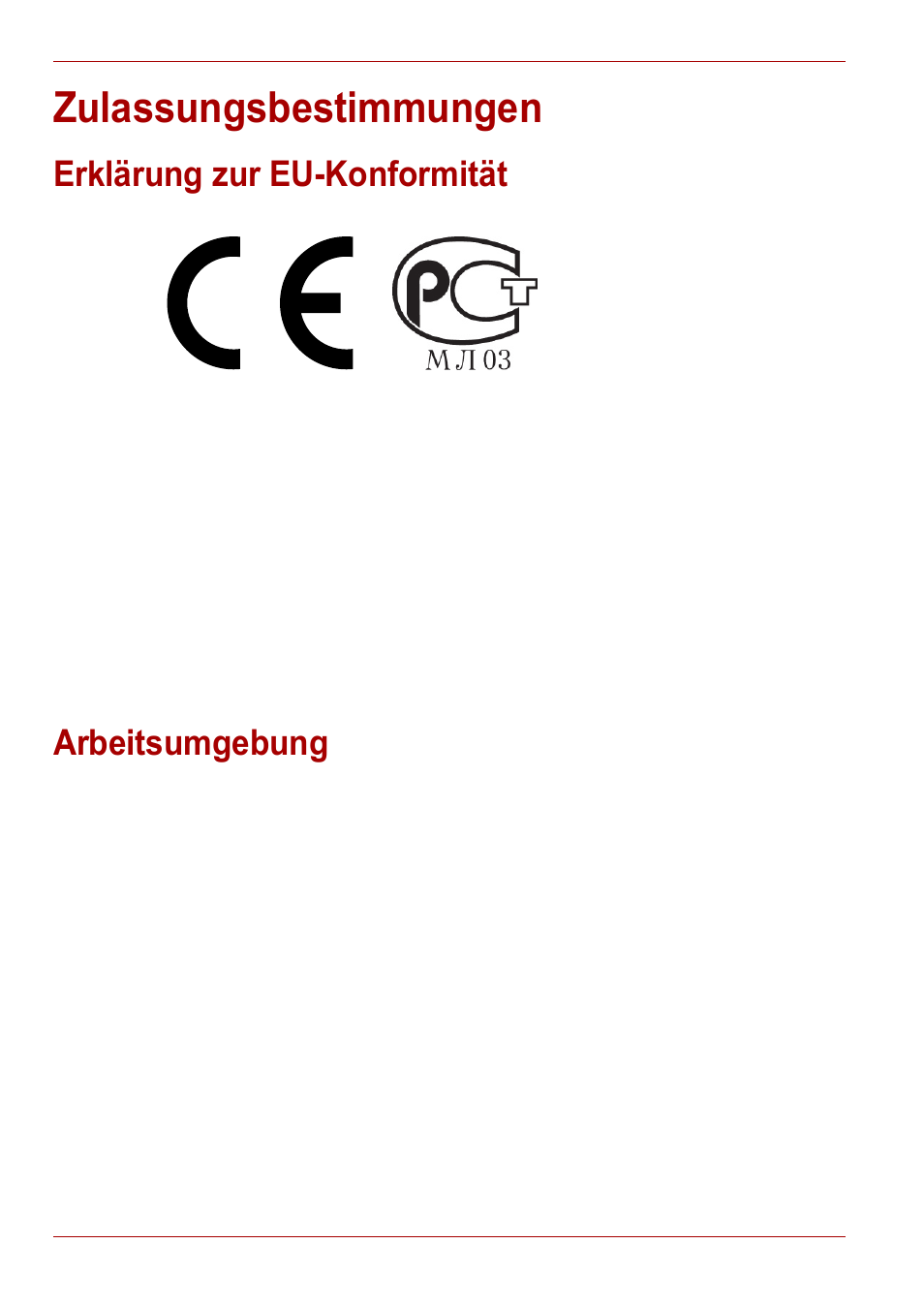 Zulassungsbestimmungen, Erklärung zur eu-konformität, Arbeitsumgebung | Toshiba Gigaframe L80-81 User Manual | Page 94 / 870