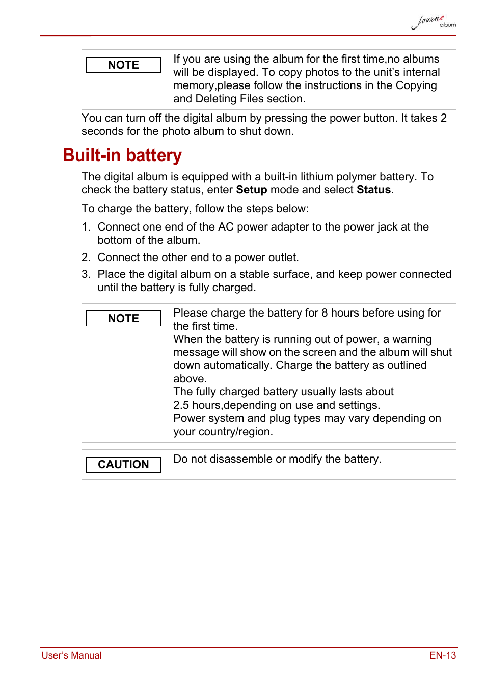 Built-in battery | Toshiba JournE album User Manual | Page 13 / 420