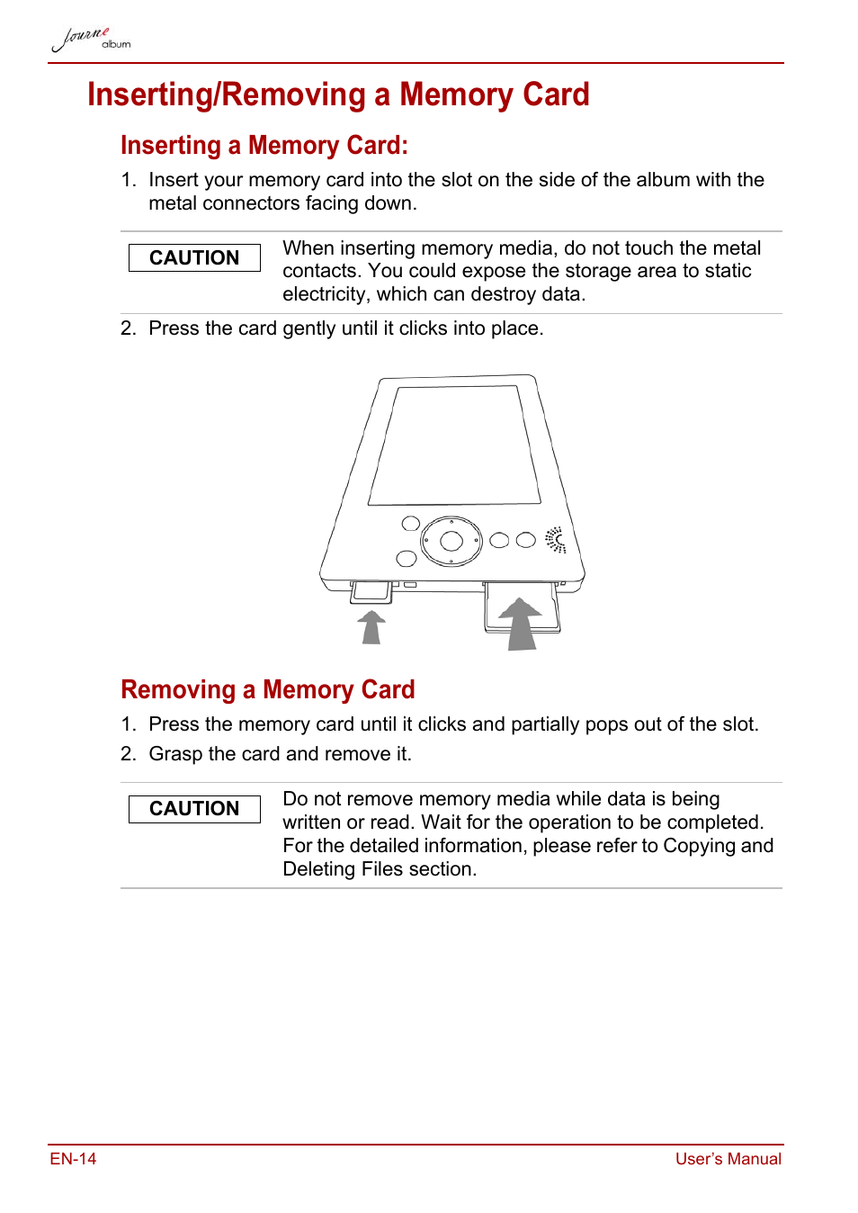 Inserting/removing a memory card, Inserting a memory card, Removing a memory card | Inserting a memory card: removing a memory card | Toshiba JournE album User Manual | Page 14 / 420