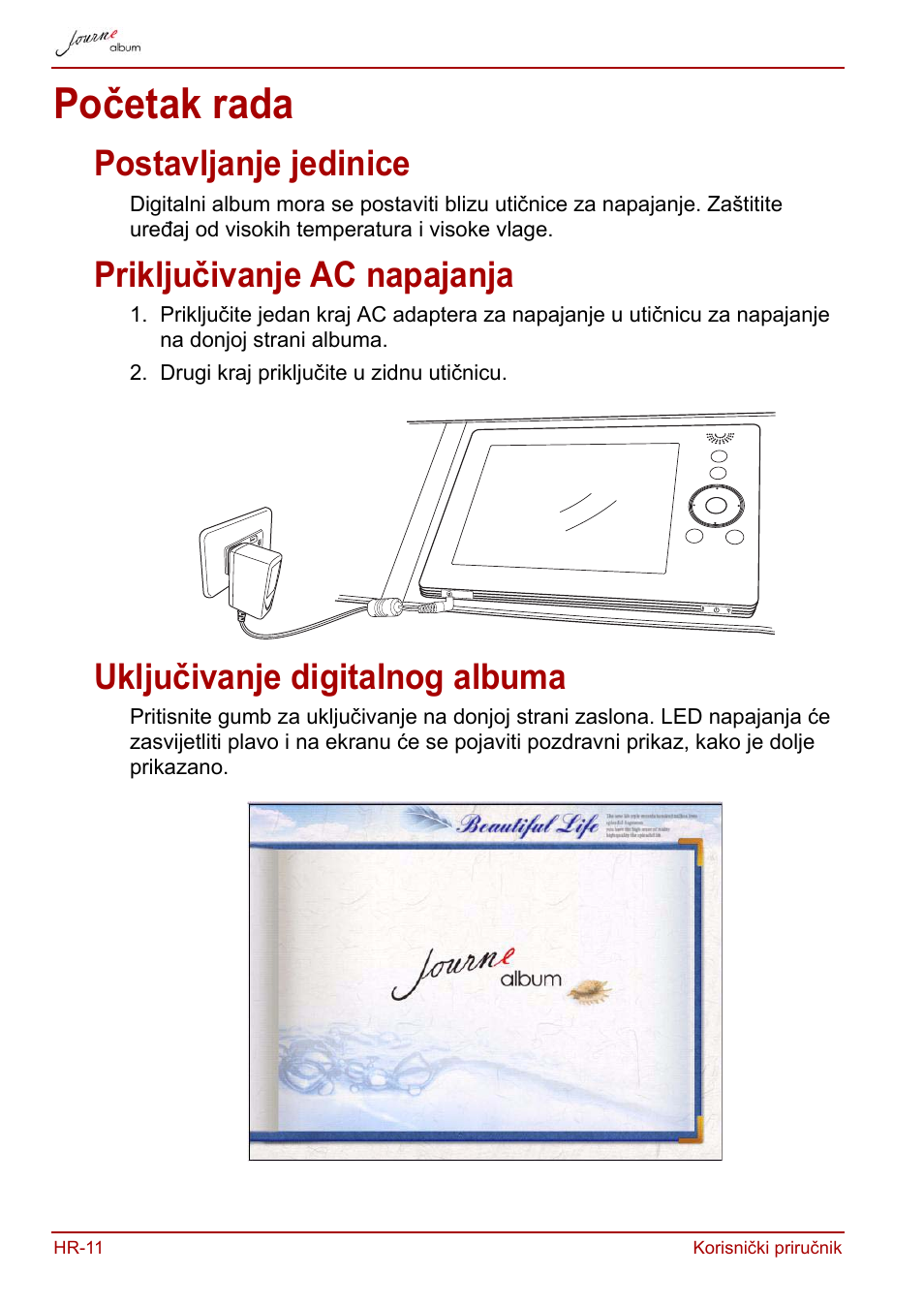 Početak rada, Postavljanje jedinice, Priključivanje ac napajanja | Uključivanje digitalnog albuma | Toshiba JournE album User Manual | Page 140 / 420