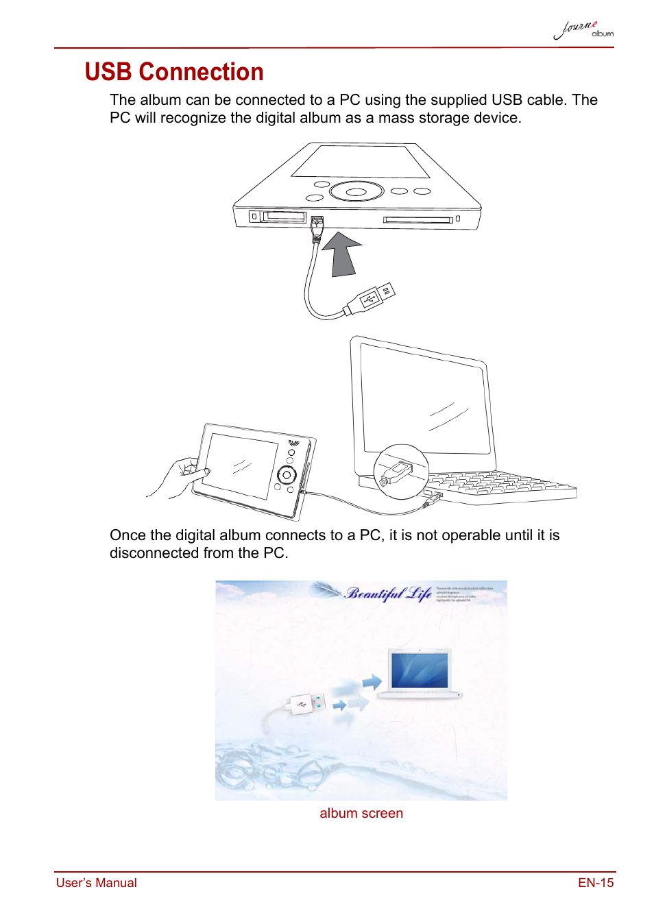 Usb connection | Toshiba JournE album User Manual | Page 15 / 420