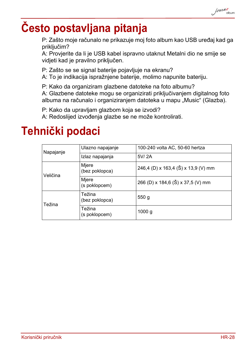 Često postavljana pitanja, Tehnički podaci, Često postavljana pitanja tehnički podaci | Toshiba JournE album User Manual | Page 157 / 420