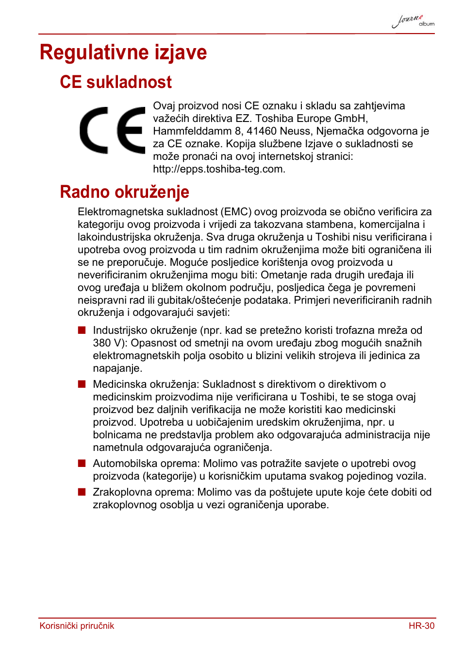 Regulativne izjave, Ce sukladnost, Radno okruženje | Ce sukladnost radno okruženje | Toshiba JournE album User Manual | Page 159 / 420