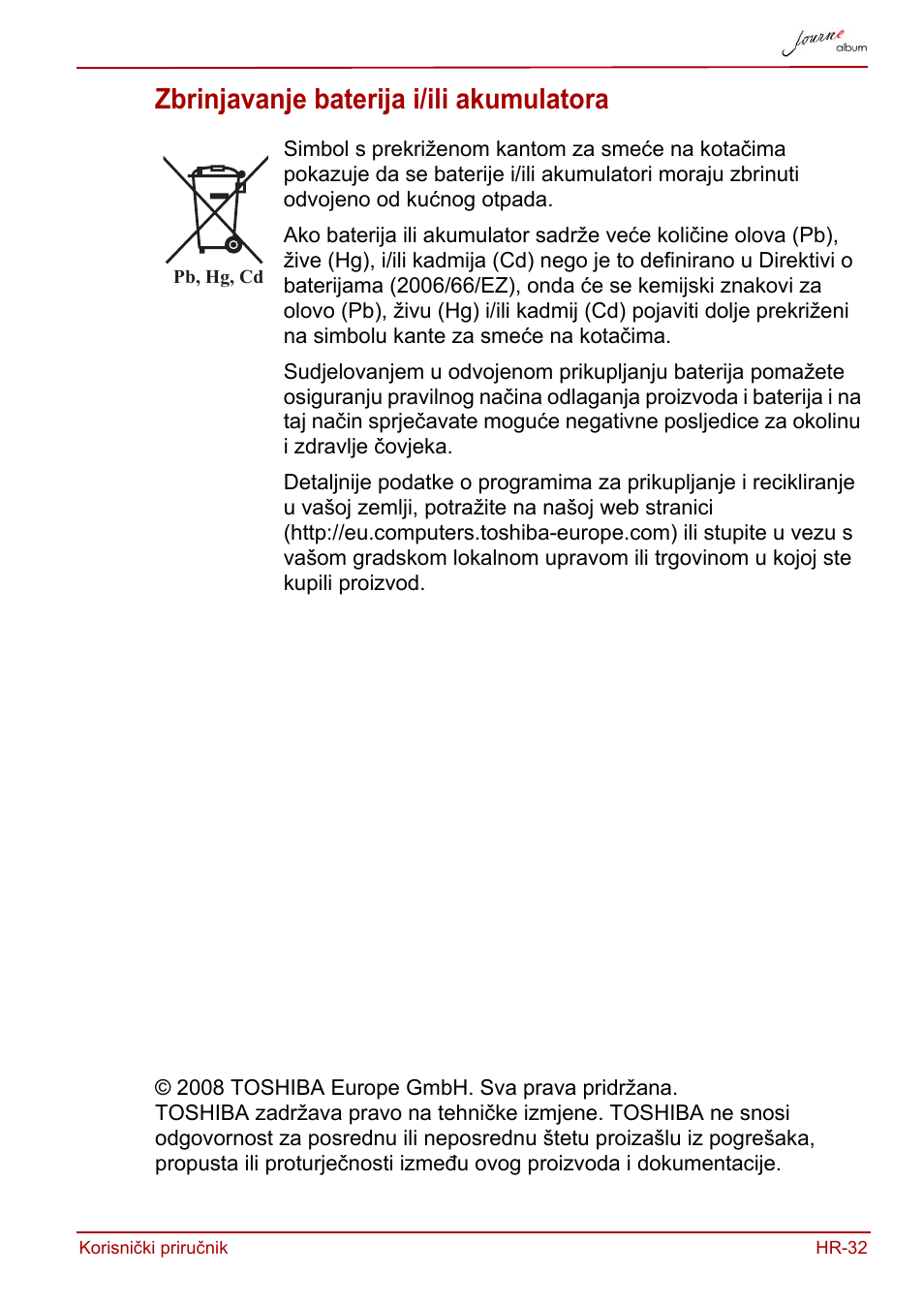 Zbrinjavanje baterija i/ili akumulatora | Toshiba JournE album User Manual | Page 161 / 420