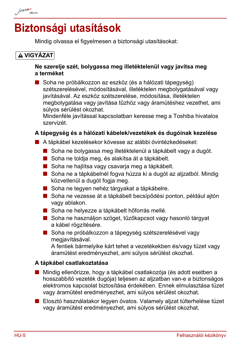 Biztonsági utasítások | Toshiba JournE album User Manual | Page 166 / 420
