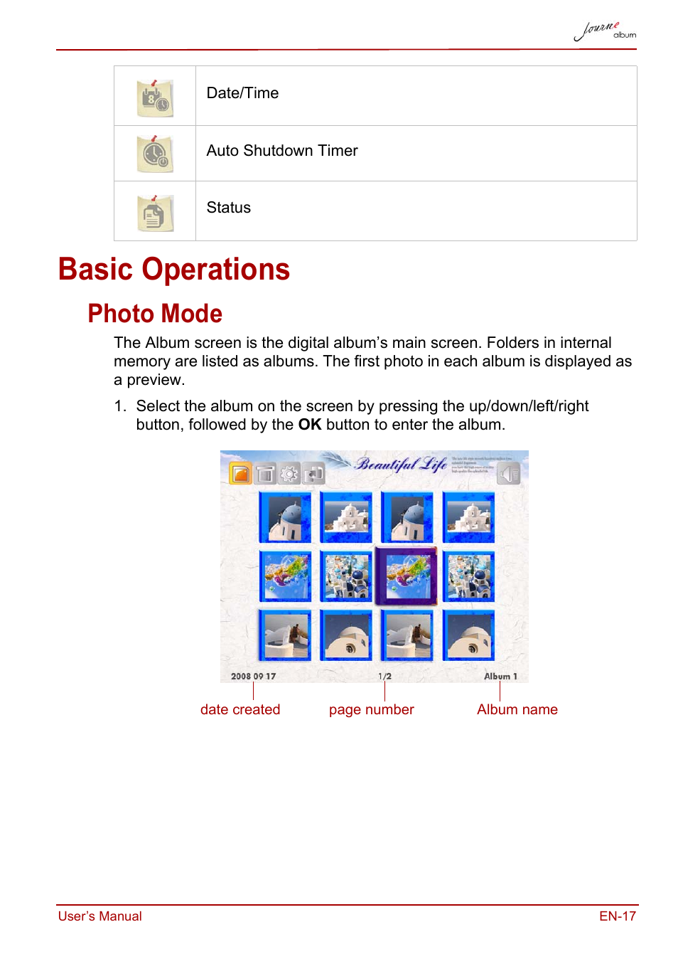 Basic operations, Photo mode | Toshiba JournE album User Manual | Page 17 / 420