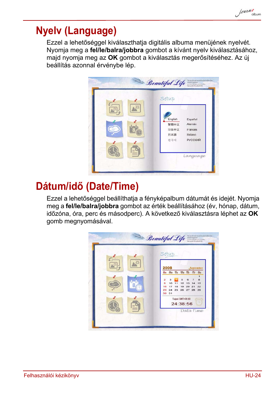 Nyelv (language), Dátum/idő (date/time), Nyelv (language) dátum/idő (date/time) | Toshiba JournE album User Manual | Page 185 / 420