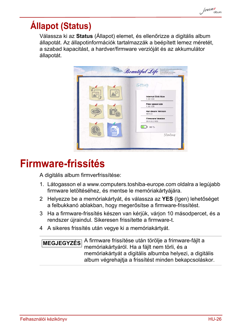 Állapot (status), Firmware-frissítés | Toshiba JournE album User Manual | Page 187 / 420