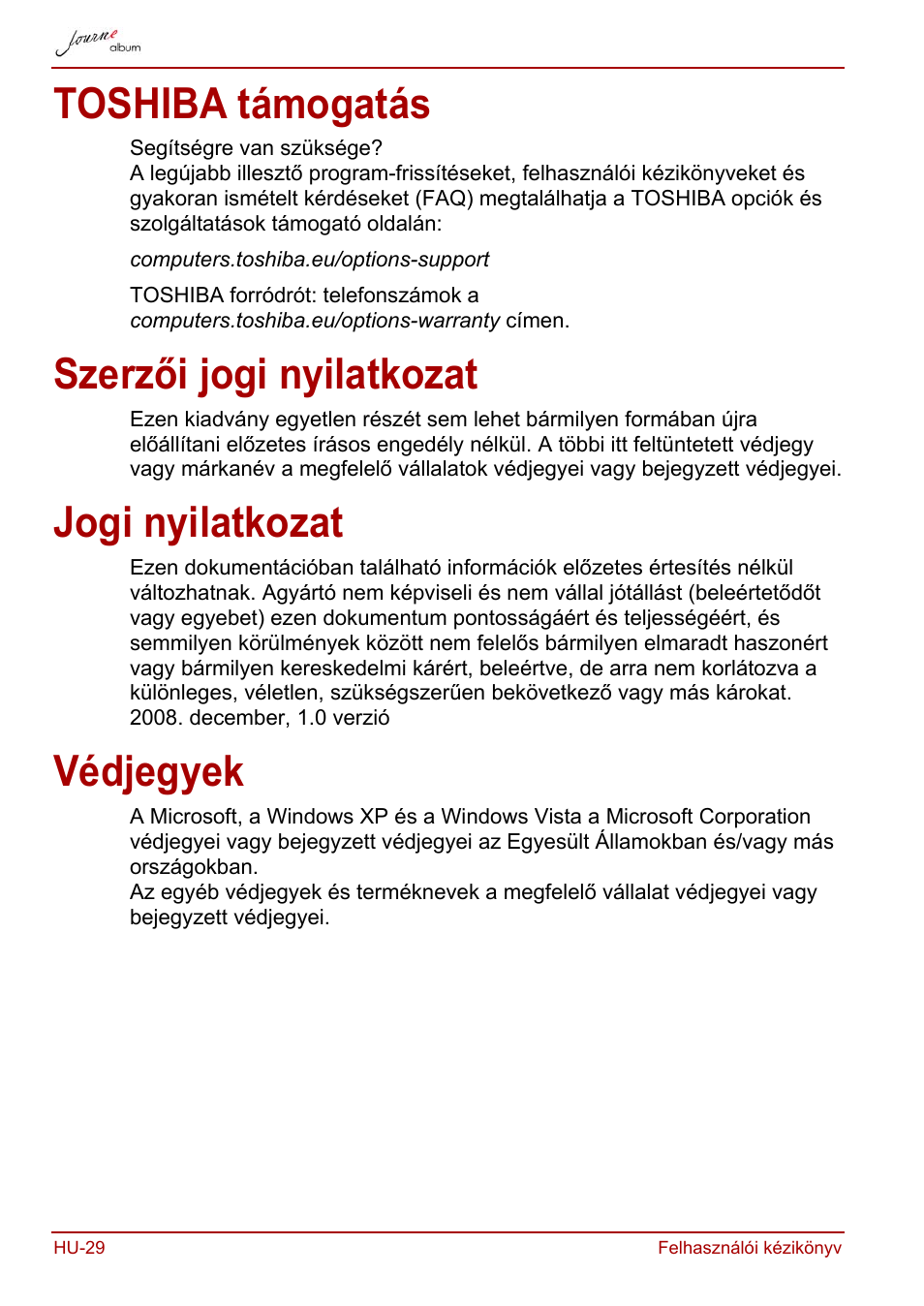 Toshiba támogatás, Szerzői jogi nyilatkozat, Jogi nyilatkozat | Védjegyek | Toshiba JournE album User Manual | Page 190 / 420