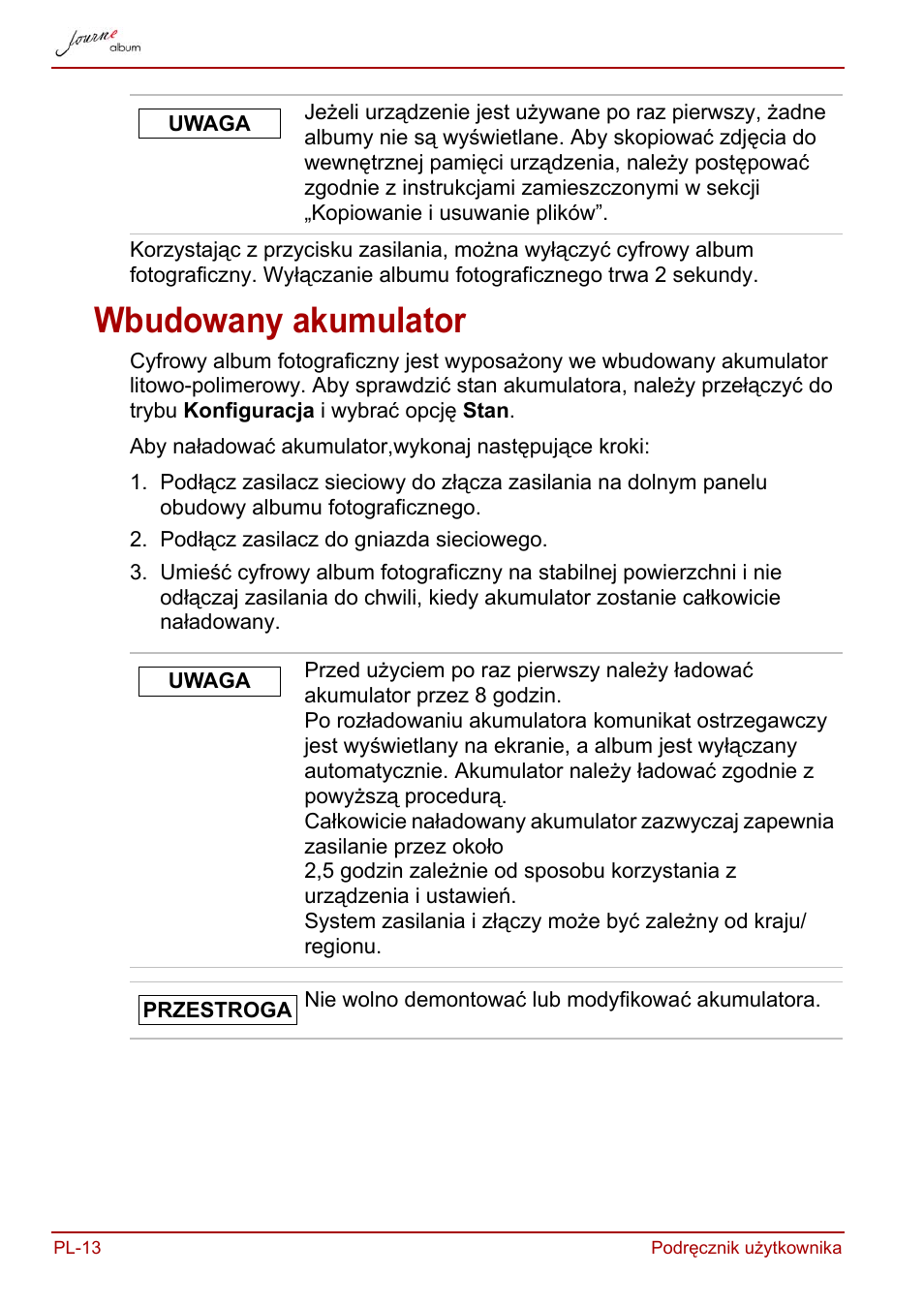 Wbudowany akumulator | Toshiba JournE album User Manual | Page 206 / 420