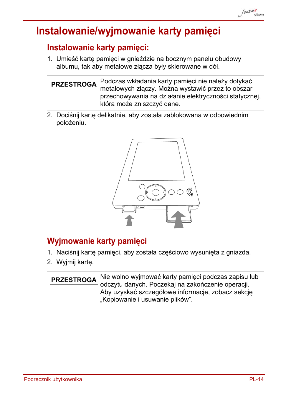 Instalowanie/wyjmowanie karty pamięci, Instalowanie karty pamięci, Wyjmowanie karty pamięci | Toshiba JournE album User Manual | Page 207 / 420