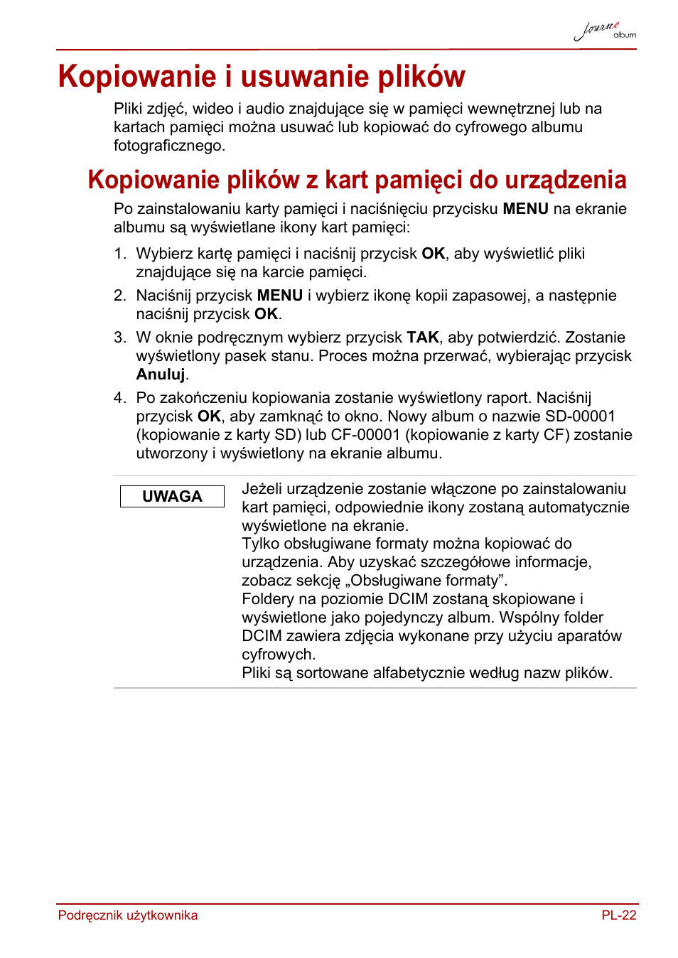 Kopiowanie i usuwanie plików, Kopiowanie plików z kart pamięci do urządzenia | Toshiba JournE album User Manual | Page 215 / 420